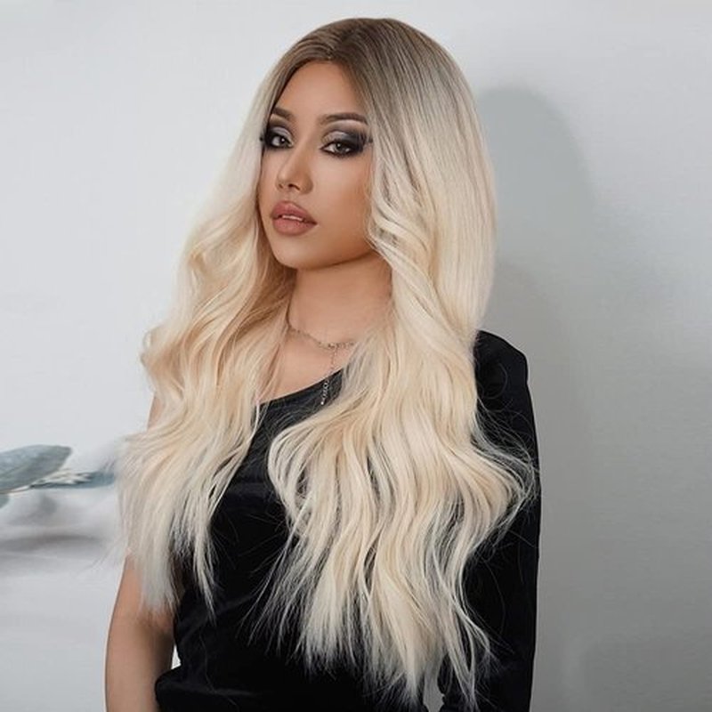 BERON Blonde Wig Long Wavy Wig Blonde Wig with Dark Roots Long Curly Wig Wig Blonde Wigs Charming Full Wigs for Cosplay Party or Daily Use Wig Cap Included