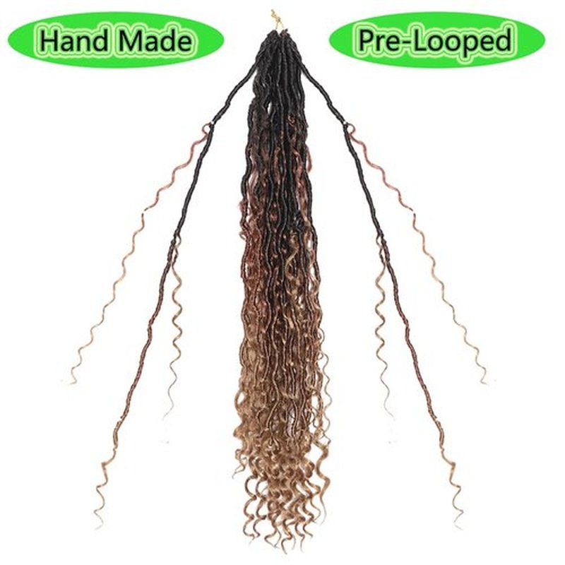 BALINGHAIR Goddess Locs Crochet Hair Ombre Black to Brown to Light Brown 22 Inch 3 Packs Bohemian Faux Locs Crochet Hair With Curly Ends Pre Looped Hair Extensions 16 Roots/Pack(1B/30/27)