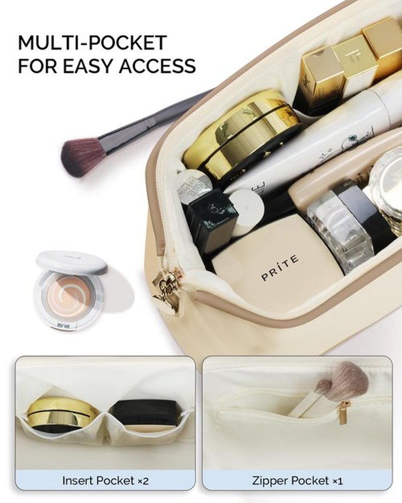 Prite Travel Makeup Bag, PU Leather Waterproof Cosmetic Organizer, Large Wide-open portable Toiletry Bag with Handle(Beige)