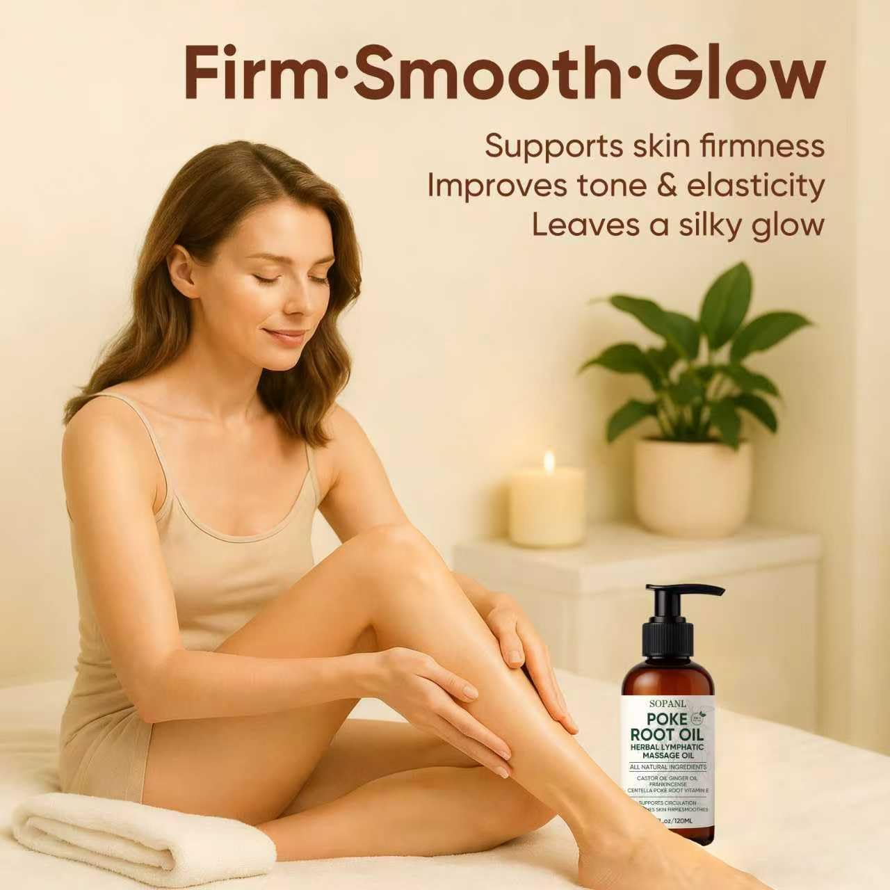 Organic Poke Root Castor Massage Oil – Herbal Body Massage Oil for Circulation Comfort & Skin Firming, Natural Blend with Ginger, Frankincense & Vitamin E, 4.02 fl oz / 120 ml