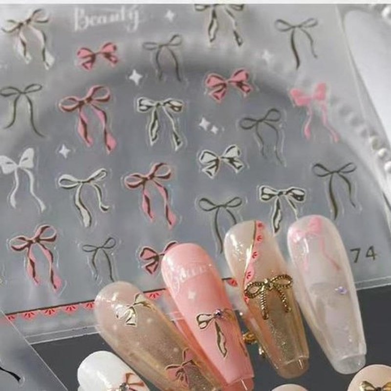 Bow Nail Stickers for Nail Art Gold Pink Nail Art Stickers Bowknot Nail Decals Self Adhesive 5D Embossed Nail Art Design Manicure Supplies Charm for Women Nail Art Decorations Accessories