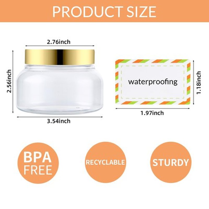 48 Pack 8 Oz Plastic Containers With Lids and Waterproof Label BPA Free - Refillable Transparent Cosmetic Containers for Body Butter,Sugar Scrubs,Cream,Lotions,Candy,Bath Salt (48, Gold)