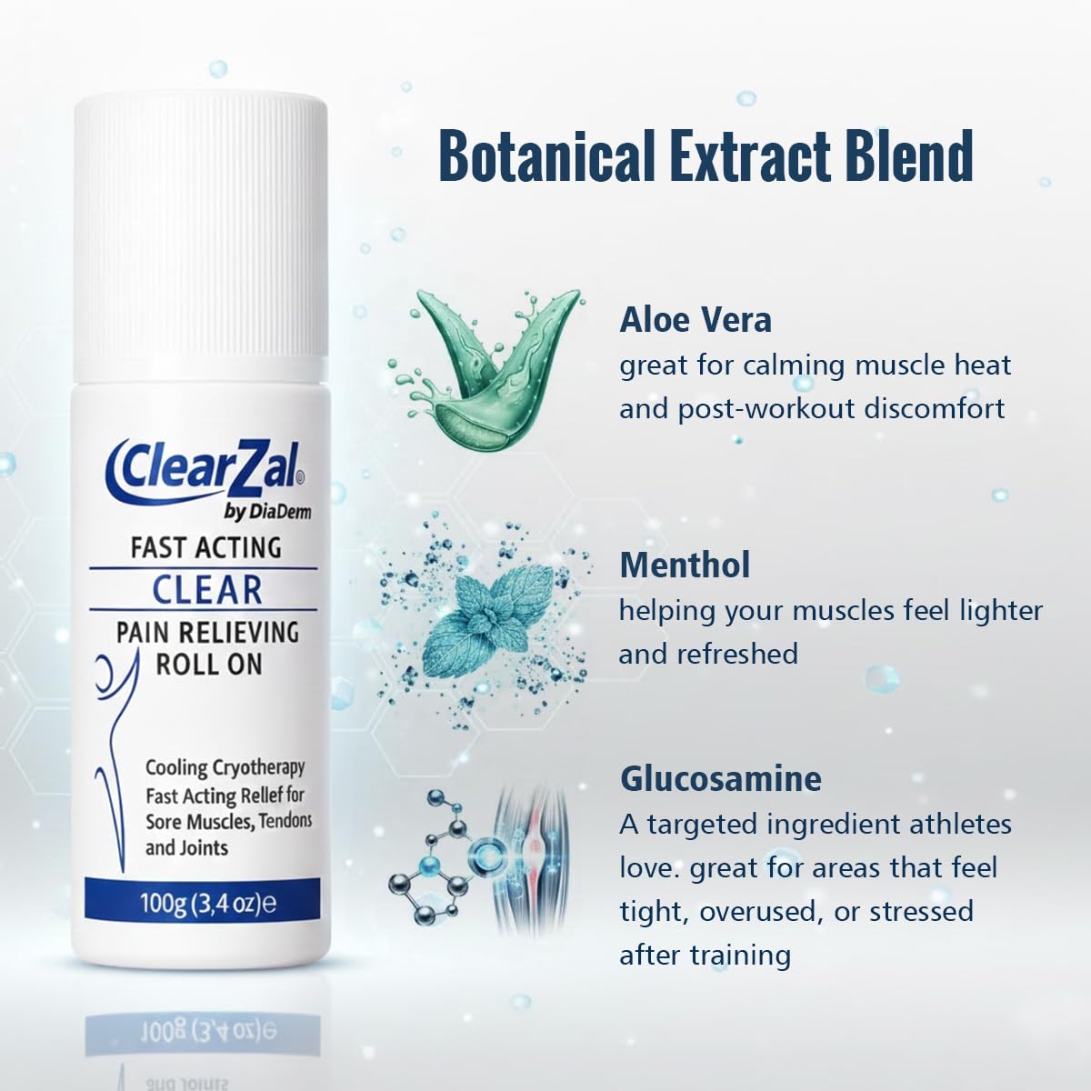 ClearZal Pain Roll On Gel with Menthol, Glucosamine & Chondroitin, Cooling Relief for Knee, Lower Back, Neck, Joint & Muscle Discomfort, Wintergreen, Aloe Vera & Frankincense, Non-Greasy, 3.4 Oz