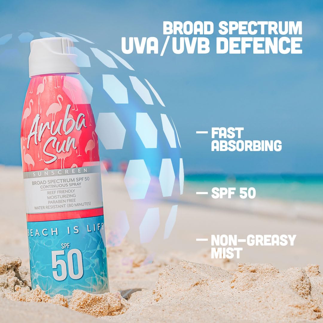 Aruba Sun SPF 50 Sunscreen Spray 6oz - Reef Act Compliant no 67 Octinoxate & Oxybenzone Free - Sun Screen Broad Spectrum UVA/UVB - Sunscreen Waterproof and Non-Greasy