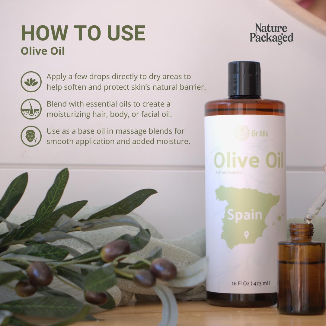 Nature Package Olive Oil for Hair - 100% Pure Cold Pressed Natural Olive Oil for Skin (Aceite de Oliva) for Essential Oils Dilution, Soap Making, Skincare, and Massage Premium Grade (16oz)
