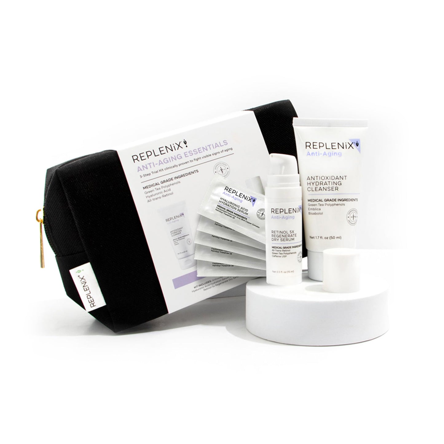 Replenix Anti-Aging Essentials 3 Step Trial Kit, Travel-Size Skincare Products for Mature Skin (Hyaluronic Acid Serum, Hydrating Cleanser, Retinol Serum), Cruelty and Paraben free