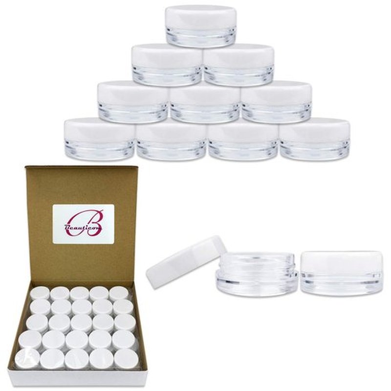 Beauticom 3g/3ml (0.1 Fl Oz) Round Clear Plastic Jars with Round Top Lids for Creams, Lotions, Make Up, Powders, Glitters, and more... (Color: White Lid Quantity: 50 Pieces)
