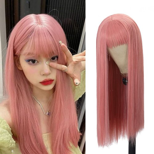 Amarlis Long Pink Wigs for Women, 24 Inch Pink Hair Wig with Bangs Natural Silky Soft Synthetic Heat Resistant Fiber Wigs Hair for Daily Party Use(24 In, Pink)