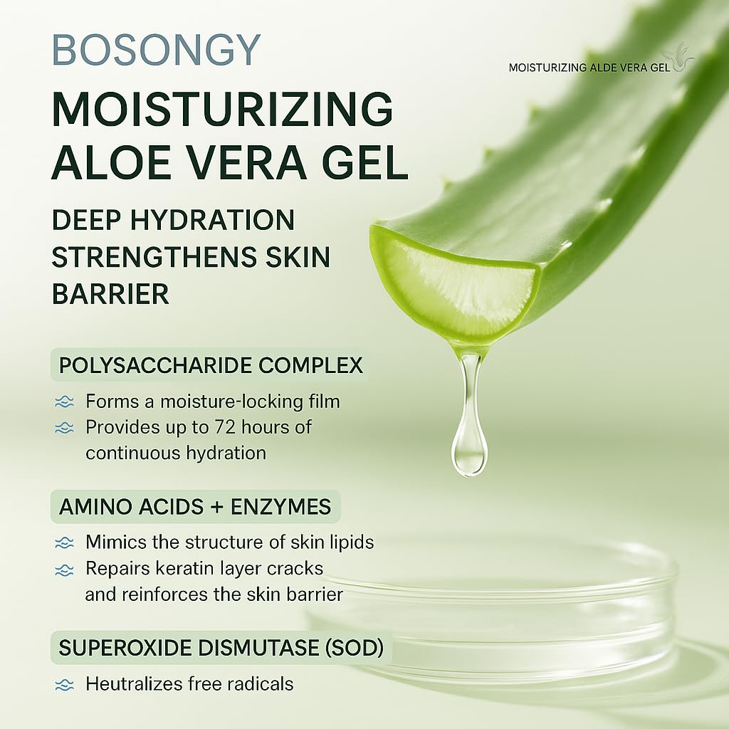 BOSONGY Moisturizing Aloe Vera Gel,Soothing Hydrating Face Body Gel with Pure Aloe Extract, Korean Skincare Green Tea Calms Redness, Repairs After Sun,Refreshes Sensitive Skin (8.8oz