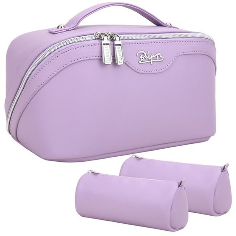 Travel Makeup Bags Cosmetic Organizer Bag: 3-Set Large Capacity Make up Bag - PU Leather Toiletry Bag for Women - Wide Open Portable Pouch with Divider & Handle (09-lilac)