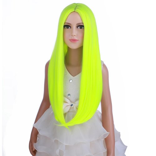 PATTNIUM Kids Green Wig Long Straight Lime Green Wig Girls Fluorescent Green Wig Neon Green Wig Middle Part Kids Long Sythetic Wigs with Wig Cap