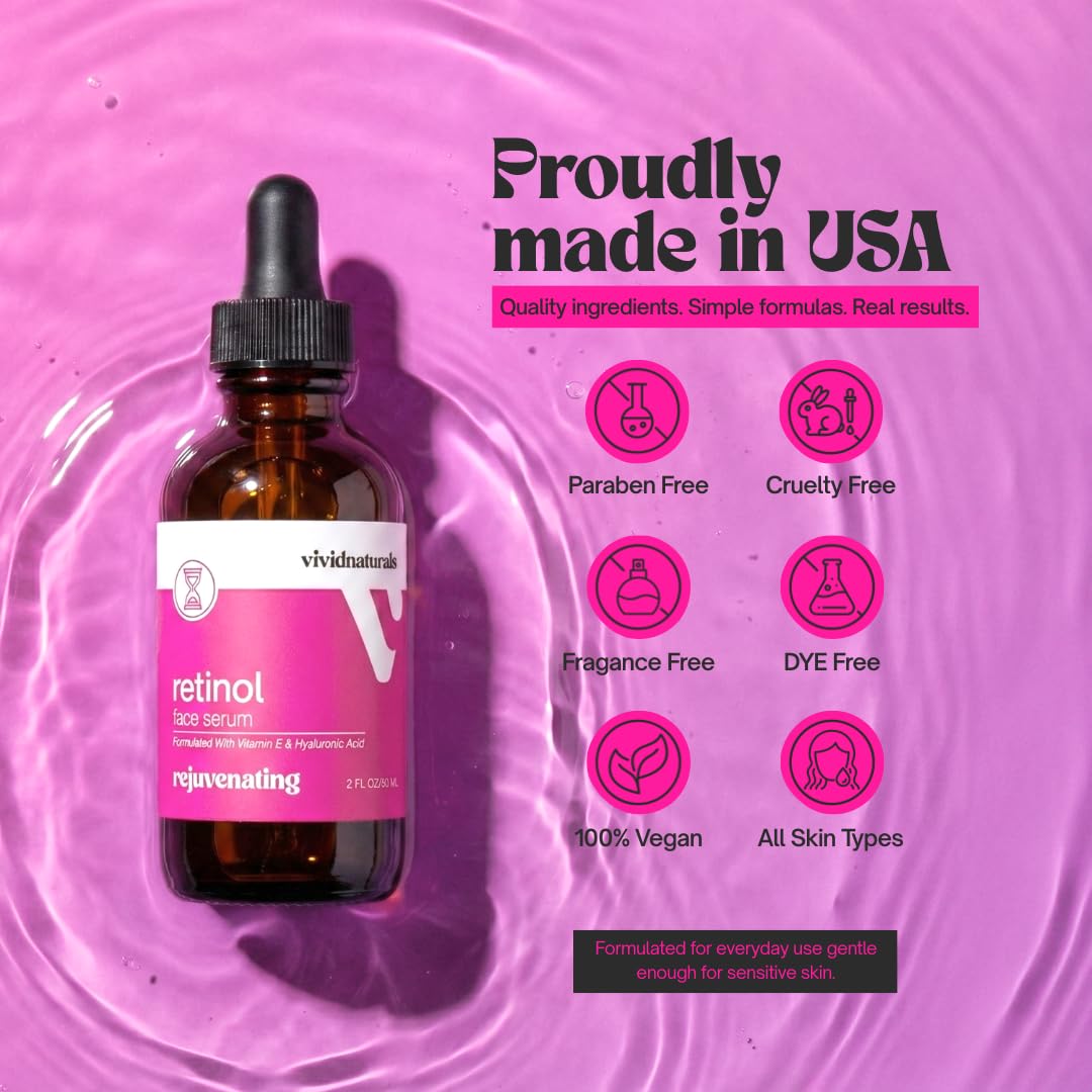 Vivid Naturals Retinol Serum for Face Made in USA 60ml - Retinol Face Anti Aging Serum with Vitamin E Hyaluronic Acid Anti Wrinkle Night Serums for Skin Care Facial Serums for Aging Skin