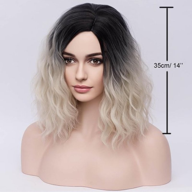 BERON Black Ombre Platinum Women Wig Girls Short Curly Wavy Hair Wigs Shoulder Length Synthetic Wigs for Daily or Cosplay Used