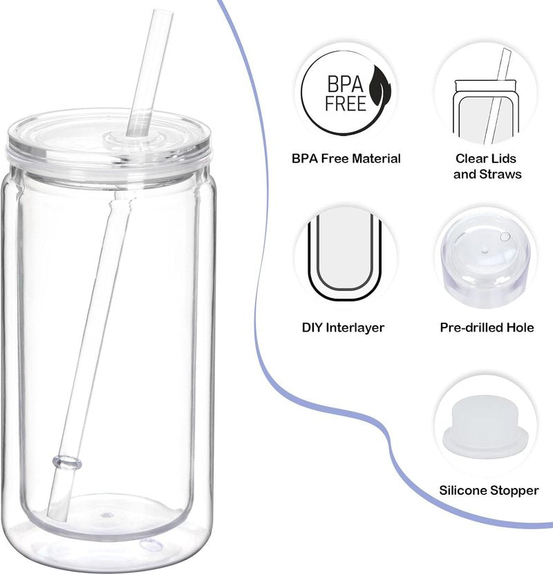 Snow Globe Tumbler - 16 Oz Double Wall Plastic Can with Lid & Straw | 8 Pack for DIY Glitter Gifts