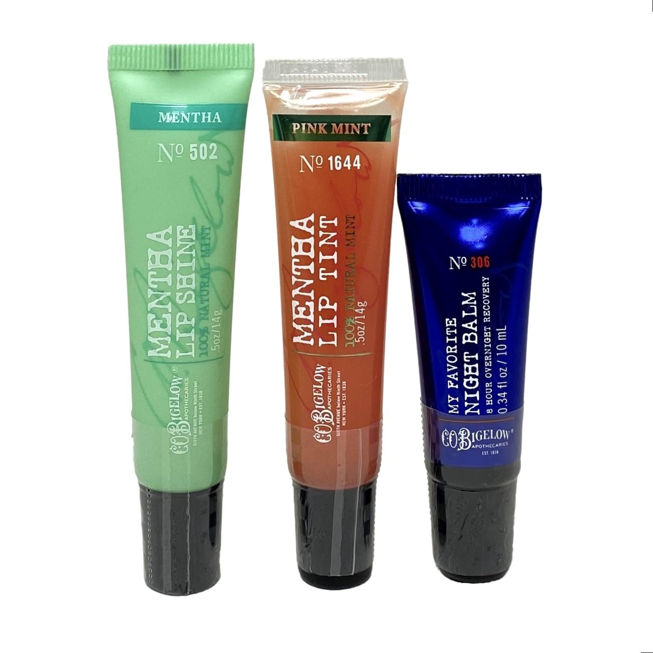 Bath & Body Works C.O. Bigelow Lip Ritual Trio - Mentha Lip Shine, Mentha Pink Lip Tint, My Favorite Night Balm with a Himalayan Salts Springs Sample Soap.