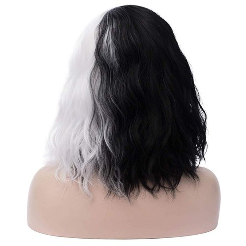 BERON 14" Women Girls Short Curly Bob Wavy Wig Body Wave Halloween Cosplay Costume Daily Party Wigs (Black and White)
