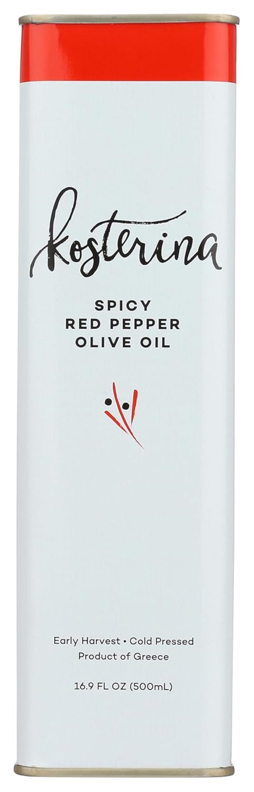 Kosterina Spicy Red Pepper Olive Oil Tin | Polyphenol Rich Greek Olive Oil, Cold-Pressed from Early Harvest Koroneiki Olives | Infused with Red Pepper for Bold Flavor | Product of Greece (16.9 oz)