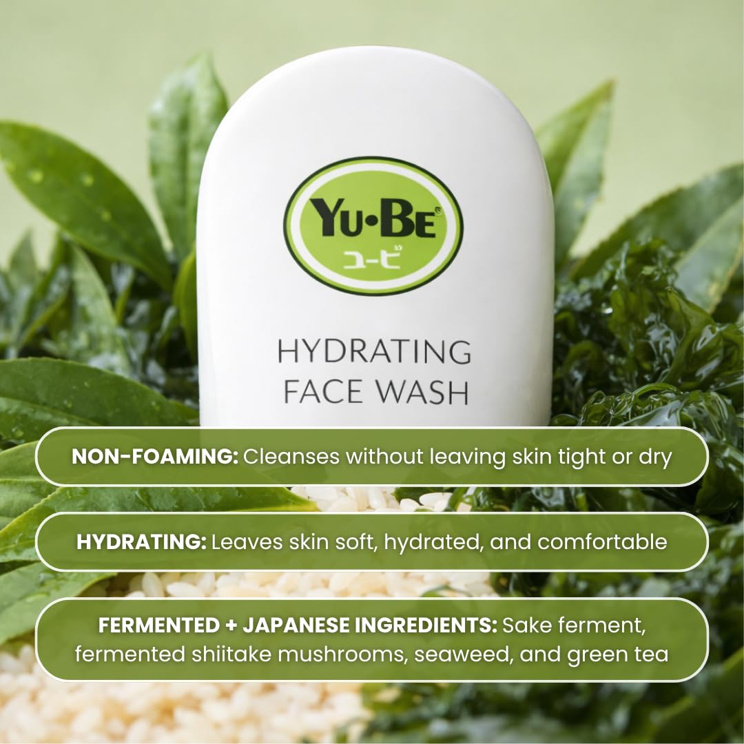 Yu-Be Hydrating Face Wash – Gentle Non Foaming Daily Calming Cleanser for Dry Sensitive Skin with Sake Kasu & Green Tea – Cleanses Deeply Without Stripping For Soft, Balanced Skin - 6.7 fl. oz.