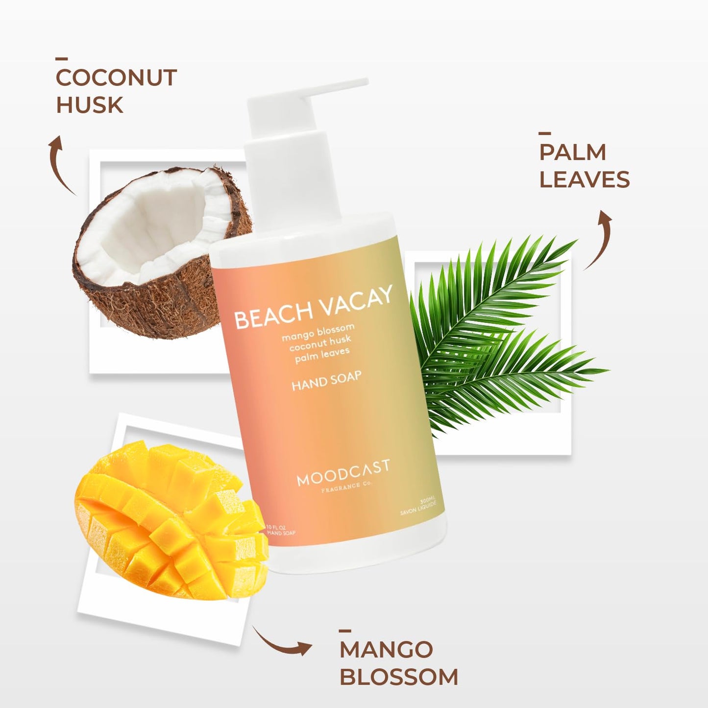 Moodcast Beach Vacay Luxury Hand Soap - Tropical Mango Blossom, Coconut Husk & Palm Leaf - Gentle Natural Hand Soap for Bathroom & Kitchen - Vegan, Paraben-Free & Sulfate-Free, Made in the USA