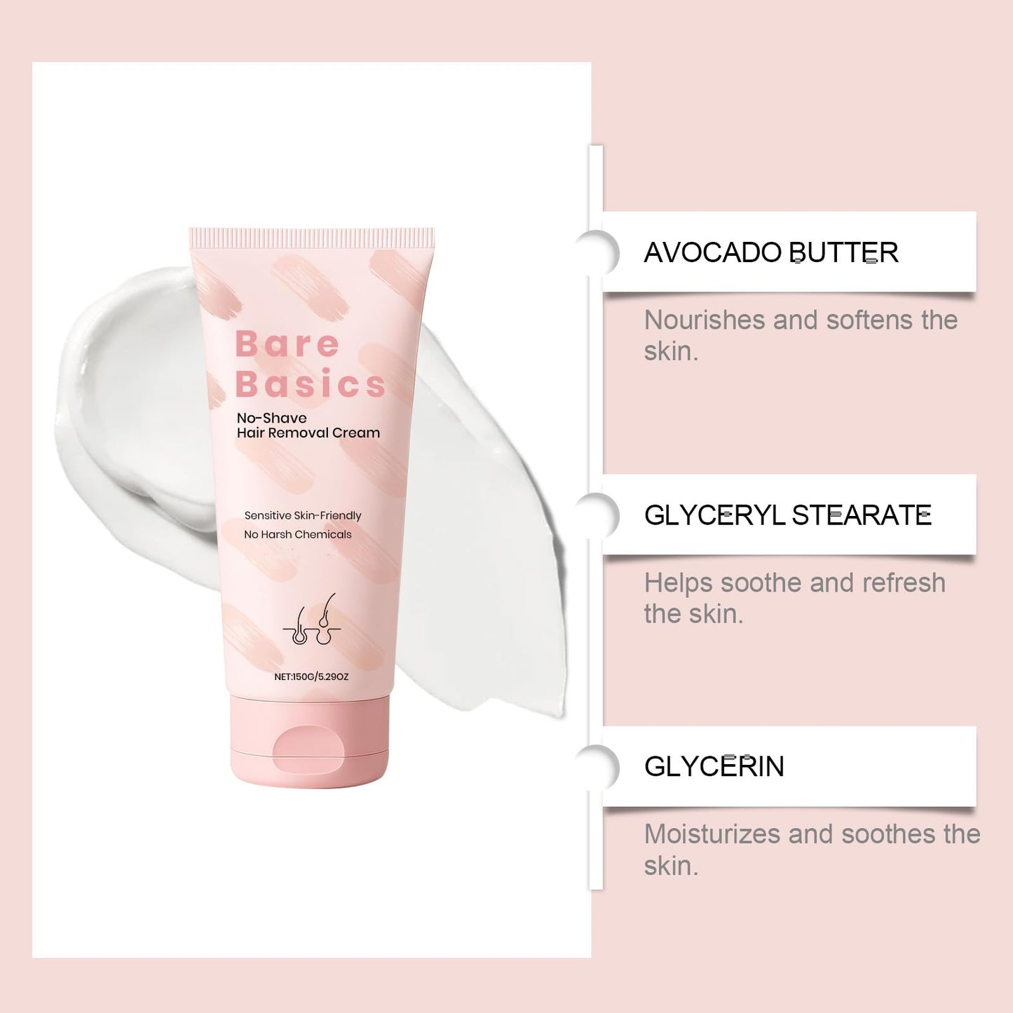 Bare Basic Hair Removal Cream, No Shave Hair Remover for Women, Gentle Formula with Vitamin E & Vitamin B5, Moisturizer and Nurtures Skin, 150ML/5.29FL OZ