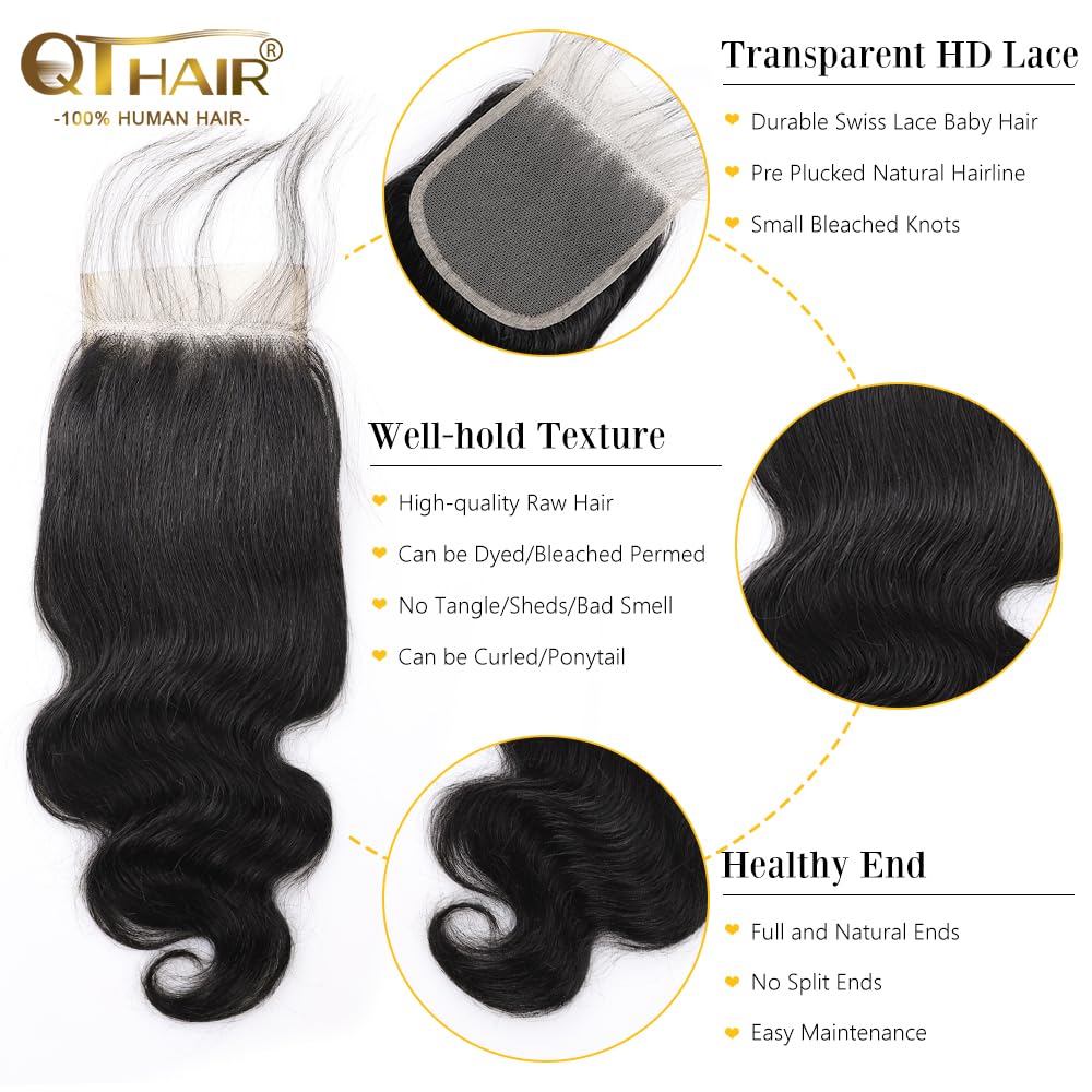 QTHAIR 12A Brazilian Body Wave Human Hair Lace Closure(20" Free Part Natural Black) 100% Unprocessed Brazilian Body Wave Virgin Hair Swiss Lace Closure 130% Density 4x4 Closure