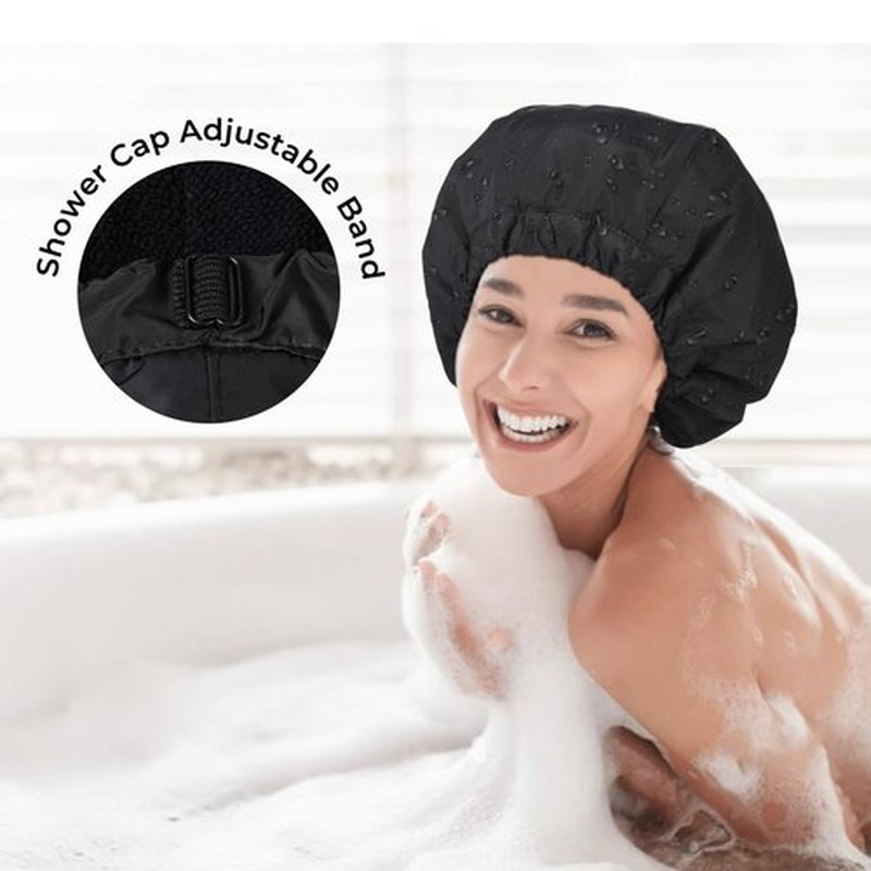 Shower Cap for Women Black Bath Cap, Reversible Large Waterproof Adjustable Shower Caps Terry Lining & Elastic Band Stretch Hem Hair Hat
