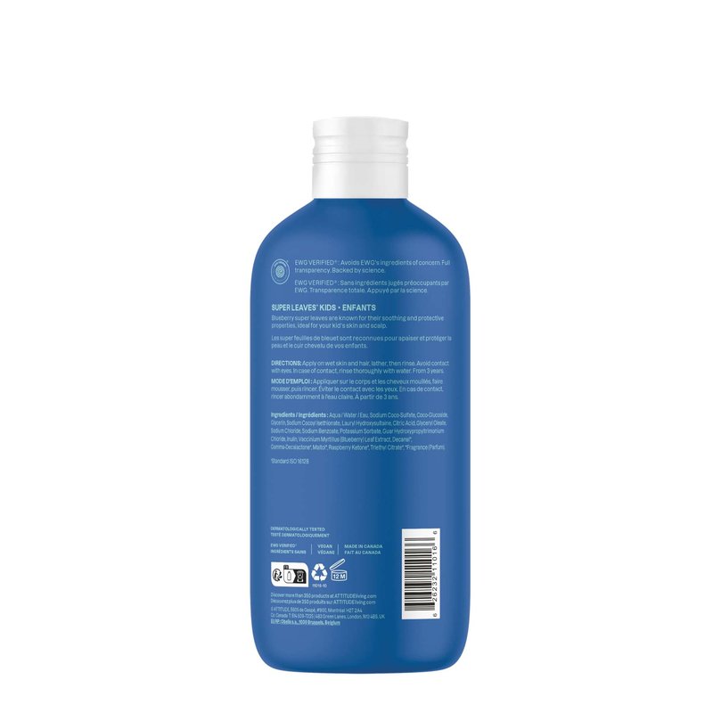 ATTITUDE Shampoo and Body Wash for Kids, EWG Verified Hair and Body Cleanser, Dermatologically Tested Soap, Plant and Mineral Based Bath Products, Vegan, Blueberry, 16 Fl Oz (Pack of 6)