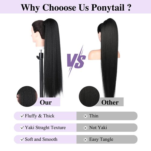 WIGER Kinky Straight Ponytail Extension 30 inch Long Yaki Straight Ponytail Extension Natural Black Hairpiece for Women Wrap Around Ponytail for Black Women