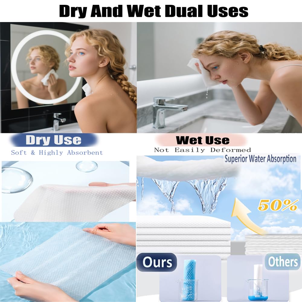 Disposable Face Towels, Biodegradable Facial Cleansing Towels, Ultra Soft & Thick Cloth for Sensitive Skin, Makeup Remover Dry Wipes, Lint-Free Towelettes for Cleansing (White, 300 Count (Pack of 3)