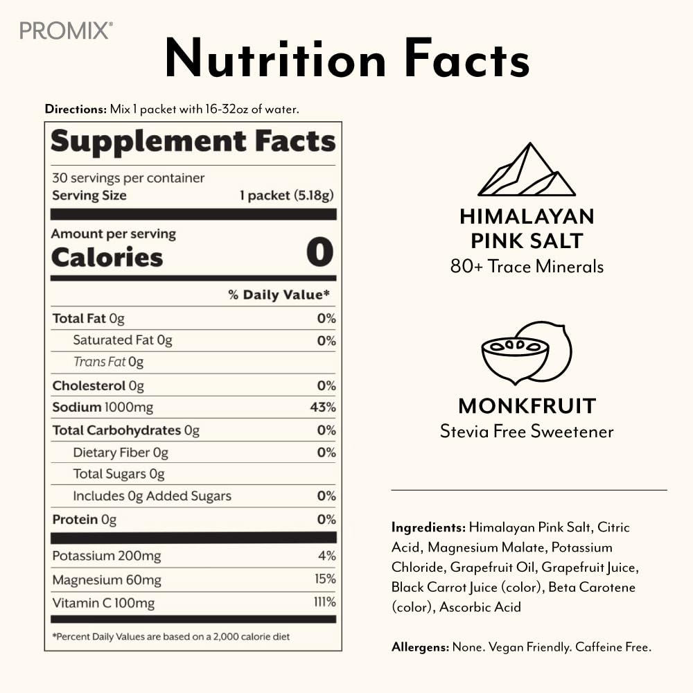 ProMix Nutrition Electrolytes Powder Hydration Packets | Himalayan Pink Salt, Magnesium, Potassium, Vitamin C | Sugar Free - 30 Count