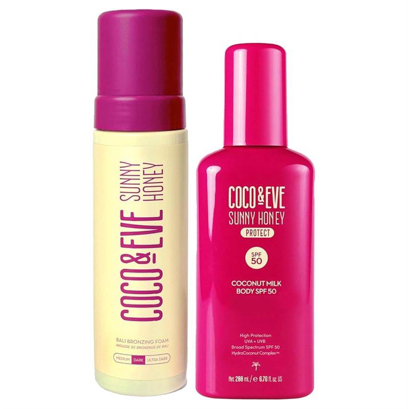 Coconut Milk Body Sunscreen SPF 50 - Sunny Honey Bali Bronzing Self Tanner Mousse | 6.76 Fl Oz + 6.7 Fl Oz