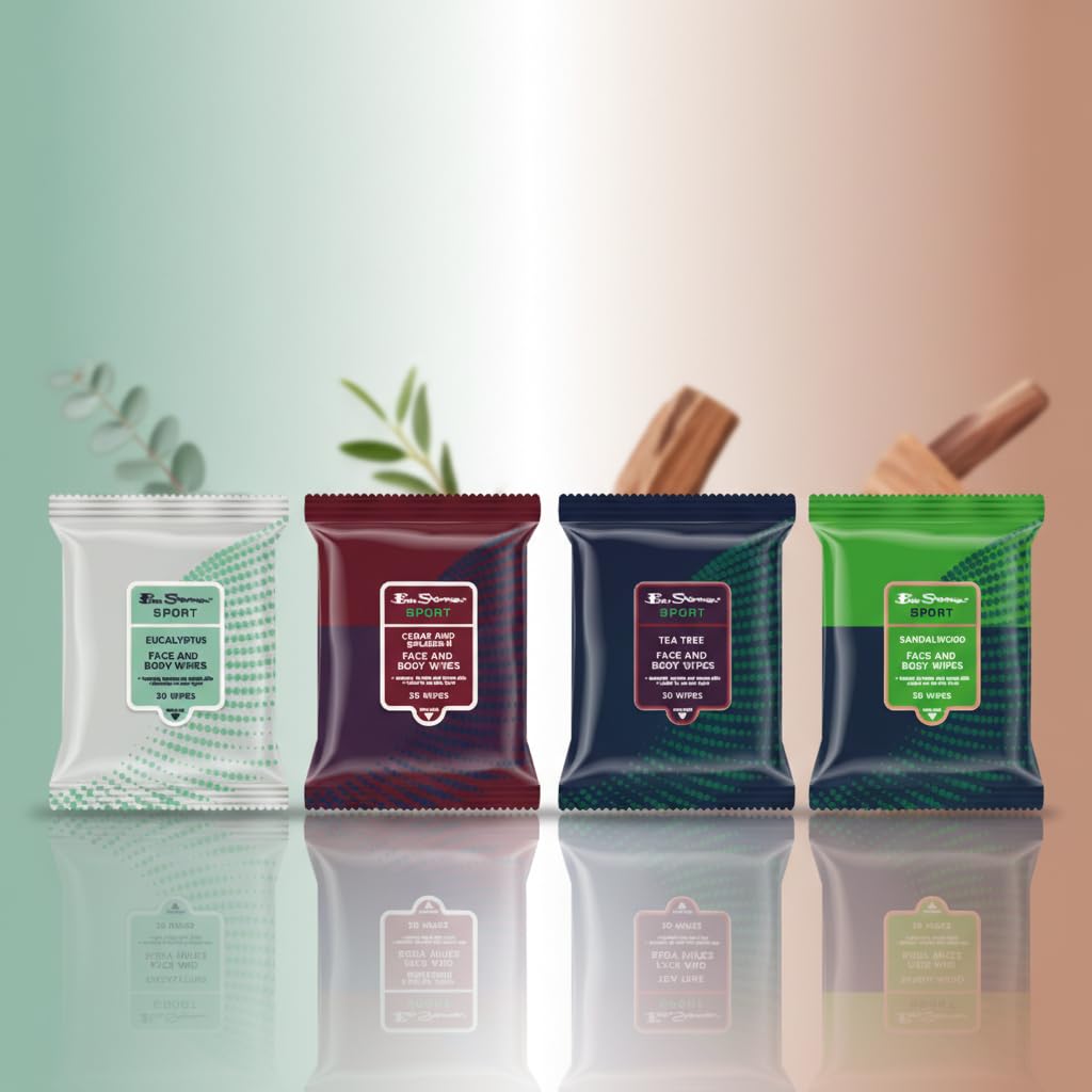Ben Sherman Men’s Face Wipes – 4 Pack (120 Total) Cleansing Wipes for Men with Cedar, Bourbon, Eucalyptus, Tea Tree & Sandalwood