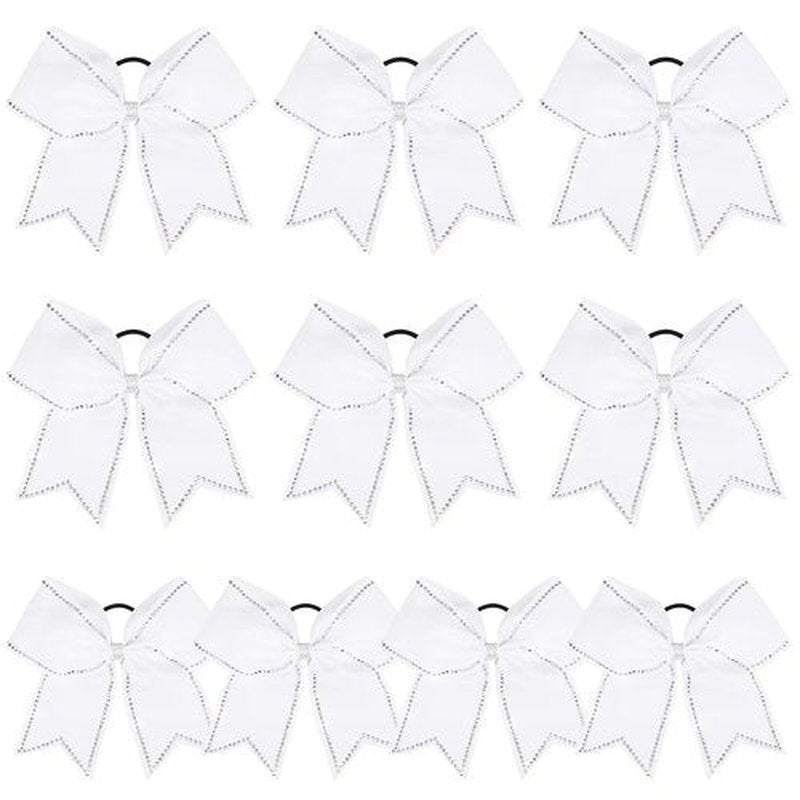DEEKA 10 PCS 8" Rhinestones Large Cheer Hair Bows Glitter Cheer Ponytail Holder Handmade for Teen Girls Softball Cheerleader Sports -White
