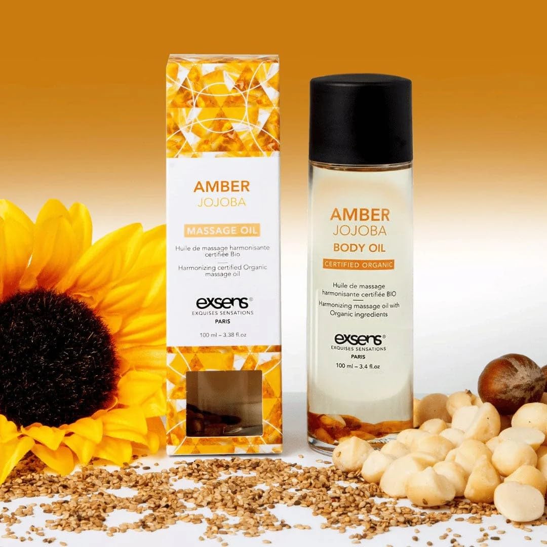 EXSENS Amber Jojoba Crystal Body Oil, Certified Organic Moisturizing Oil for Skin & Hair, Real Amber Crystals in Every Bottle, Vegan, Paraben-Free, GMO-Free, Cruelty-Free, Natural Scent, 3.8 fl oz