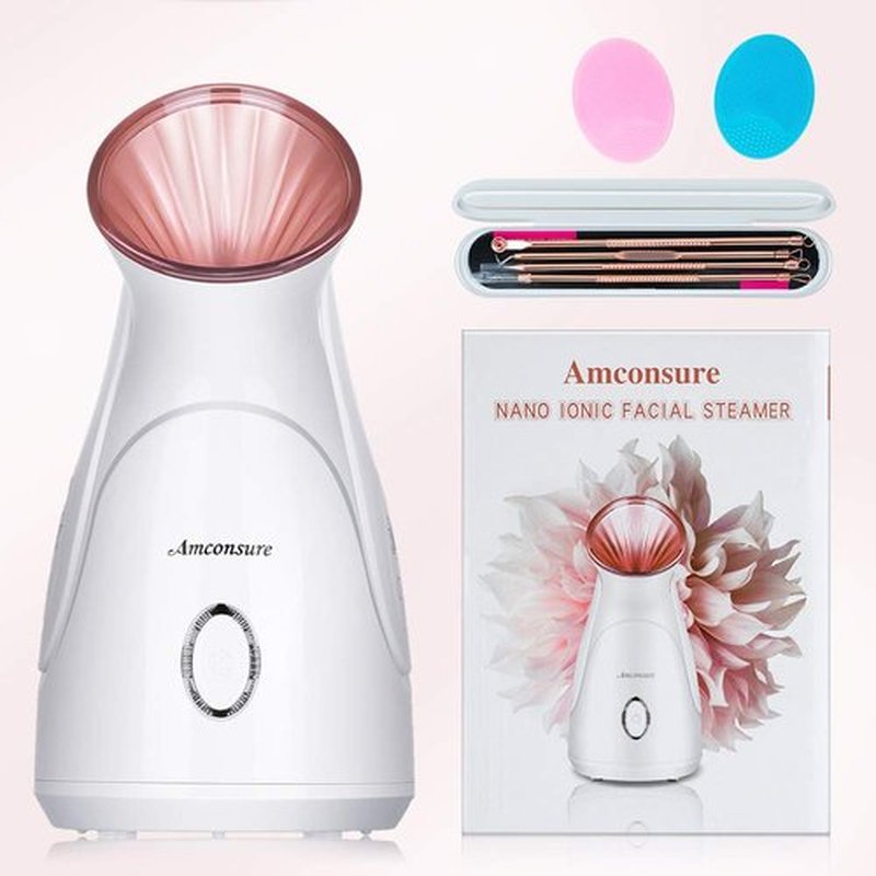 Facial Steamer, Amconsure Nano Ionic Face Steamer for Home Facial, 100ML Warm Mist Humidifier for Women Moisturizing Face Spa Steamer, Unclogs Pores-Bonus Stainless Steel Skin Kit and 2 Face Scrubbers