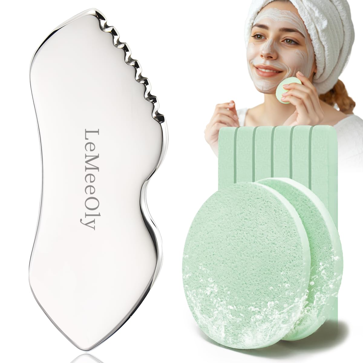 LeMeeOly Gua Sha Facial Tools Stainless Steel & Compressed Facial Sponges, Detail Metal GuaSha and Natural Spa Sponges for Facial Cleansing Skin Care，Guasha Stone Face Sculpting Tool