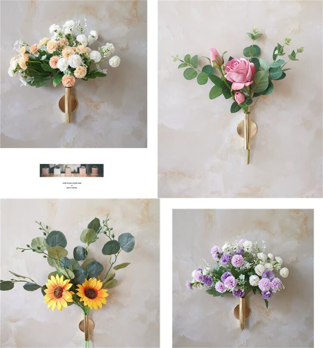2 Pcs Gold Wall Decor, Plant Wall Vase Metal Tube Decoration Holder Used to Display Dried Flowers, Faux Flowers, Fake Flowers, Also Suitable for Gravestone Memorial Decoration (Round Gold)