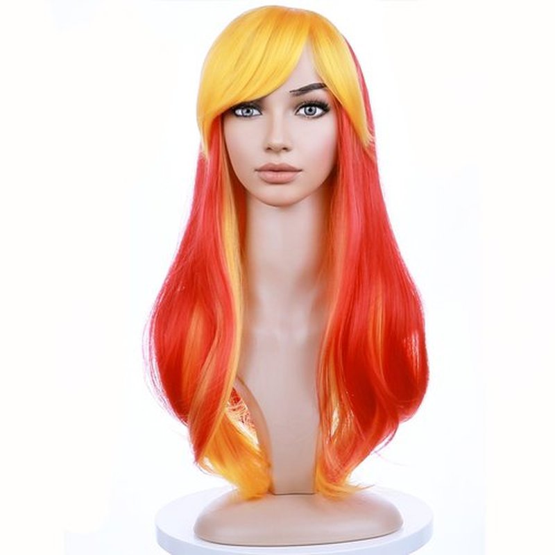 BERON Orange Yellow Wigs Long Wavy Women Wigs with Bangs Flame Curly Heat Resistant Synthetic Wigs for Cosplay Party Wigs
