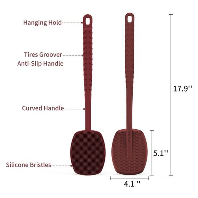 iTokGoK® All New Premium Silicone Back Scrubber with Tire Anti-Slip Long Handle for Shower, Gentle Exfoliating and Massage Brush Scrubber for Sensitive Skin for Men and Women (Burgundy)