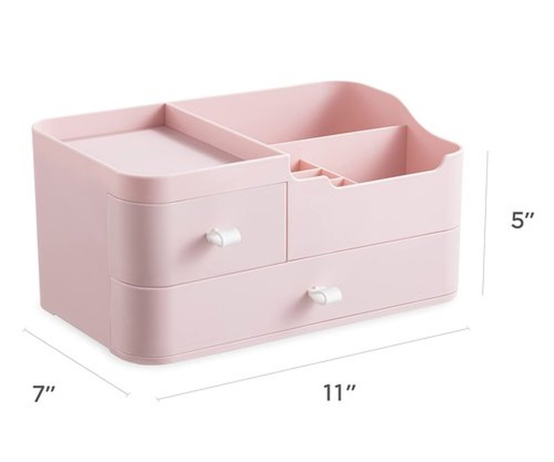 HBlife Plastic Makeup Organizer for Vanity with 2 Drawers Large Skincare Organizers 8 Compartments Bathroom Organizer Cosmetic Storage, Pink