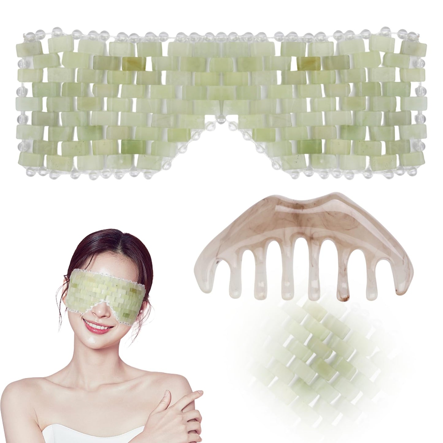 2 Pcs Jade Eye Mask and Scalp Massage Comb Set, Natural Jade Stone Hot & Cooling Eye Mask for Puffy Eyes & Help Soothe Eye Fatigue, Resin Scalp Massager Tool for Relaxation and Head Care (Light Green)