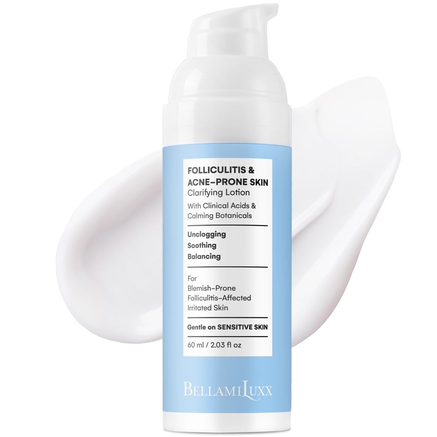 BellamiLuxx Folliculitis Acne Lotion for Body: Helps Reduce Itch, Redness, Body Acne, Bumps & Uneven Texture with Salicylic & Glycolic Acid + Botanicals - Gentle Care for Folliculitis-Prone Skin