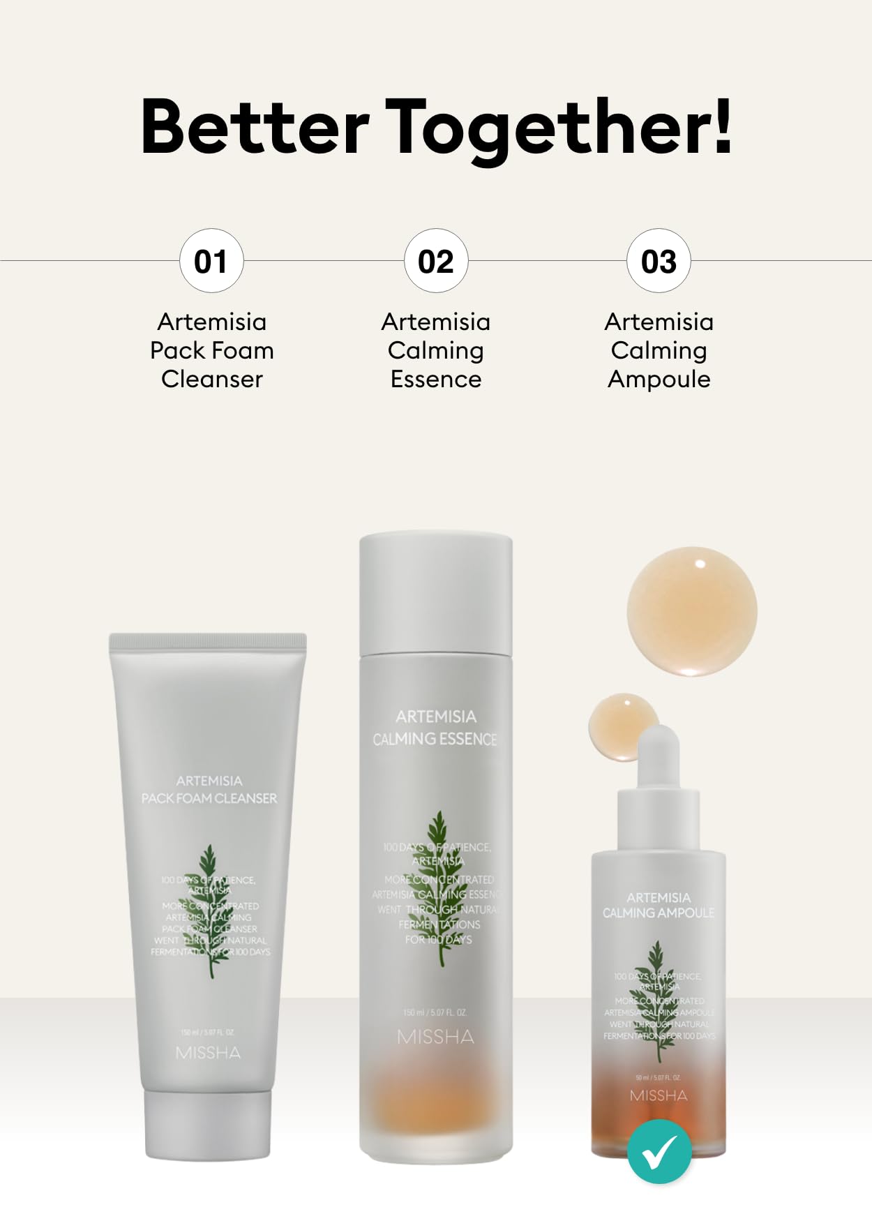 MISSHA Artemisia Calming Ampoule 1.69 Fl oz / 50ml - Face Serum for Sensitive Skin, Korean Skin Care with Double-Fermented Mugwort Extract, Hydrating & Skin Barrier Support