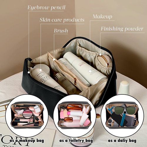 MINGRI Large Capacity Travel Cosmetic Bag for Women,Portable PU Leather Makeup Bag Water Resistant,Flat Open Multifunctional Storage Travel Toiletry Bag with Divider and Handle (Black)