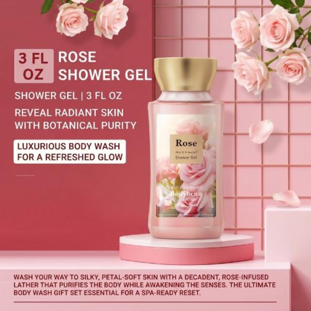 Rose Bath and Body Gift Set for Mom, 4-Piece Set Collection, Shower Gel, Body Lotion, Body Mist, Exfoliating Scrub, Personal Body Care Travel Set, Gifts for Her, Bridesmaid Gifts