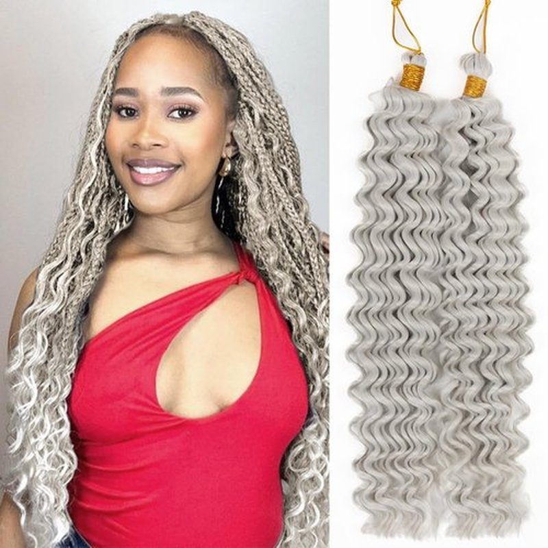 Deep Wave Crochet Hair 18 Inch 2 packs Long Curly Braiding Hair Extensions Ocean Wave Crochet Hair For Black Women Synthetic Ocean Wave Curly Crochet Hair For Boho Box Braids (#grey, 18inch, 2pack)