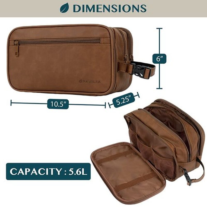 PAVILIA Toiletry Bag for Men, Travel Toiletries Bag | Water-resistant Dopp Kit, PU Leather Shaving Pouch Organizer for Accessories, Cosmetic, Hygiene, Grooming Essentials (Brown)