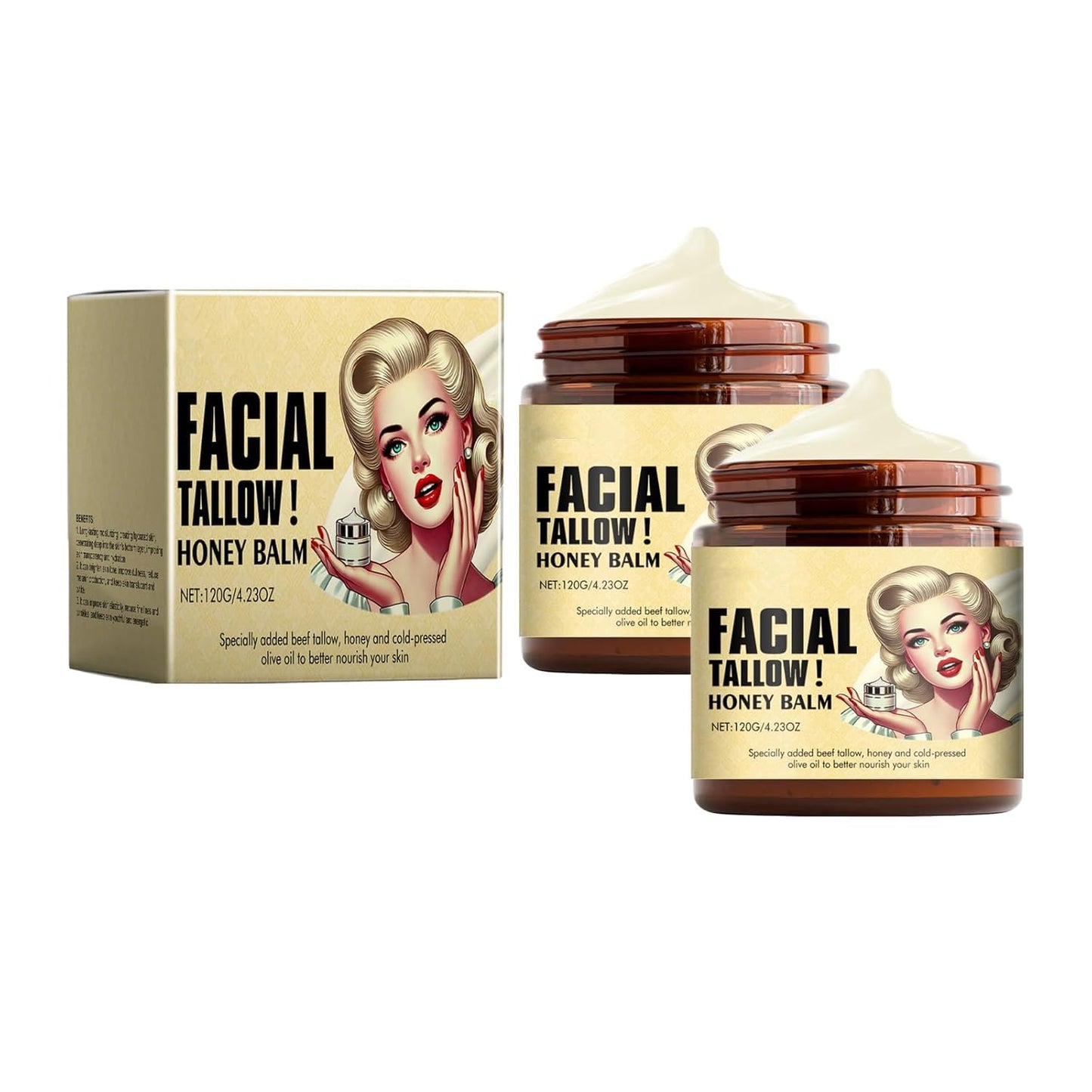 MUBSEOTH Whipped Beef Tallow and Honey Balm,Beef Tallow for Skin,Tallow Face Moisturizer,Tallow and Honey Balm,Grass Fed Grass Finished Face Cream (120G/2pcs)