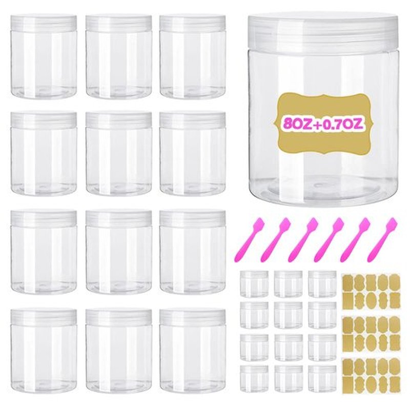 AMORIX 8oz Clear Plastic Jars with Lids 8 oz Plastic Containers with Lids + 20g Sample Containers (Set of 24) Airtight Container for Lip Scrub, Body Butters, Cream, Slime, Craft Storage