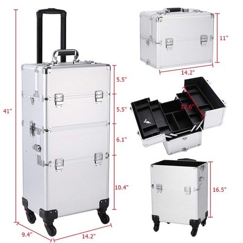 Karl home 3 in 1 Makeup Train Case Rolling Cosmetic Trolley Large Capacity Travel Organizer with Key 360°Swivel Wheels Suitcase for Beauticians Hairstylists Nail Tech Students, Silver